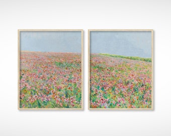 French Country Cottage Meadow Landscape Flower Garden Painting Set of 2 | French Antique Wildflowers Print | DIGITAL PRINT