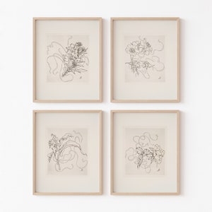 French Antique Black and White Flower Sketch Print Set of 4 | Vintage French Art Botanical Drawings | Digital Print