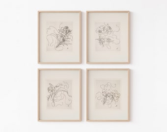 Juego de 4 impresiones de bocetos de flores en blanco y negro de estilo antiguo francés / Dibujos botánicos de arte francés vintage / Impresión digital