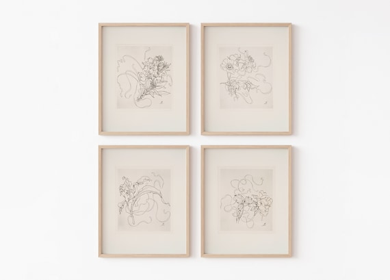French Antique Black and White Flower Sketch Print Set of 4 | Vintage French Art Botanical Drawings | Digital Print