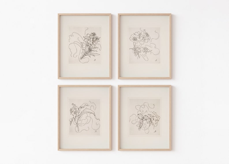 French Antique Black and White Flower Sketch Print Set of 4 | Vintage French Art Botanical Drawings | Digital Print image 1