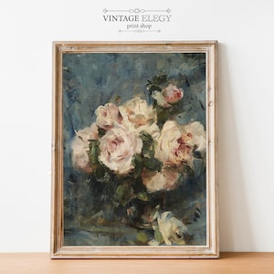 May include: A vintage oil painting of a bouquet of pink roses in a vase. The roses are arranged in a loose, natural style, and the painting has a soft, romantic feel.