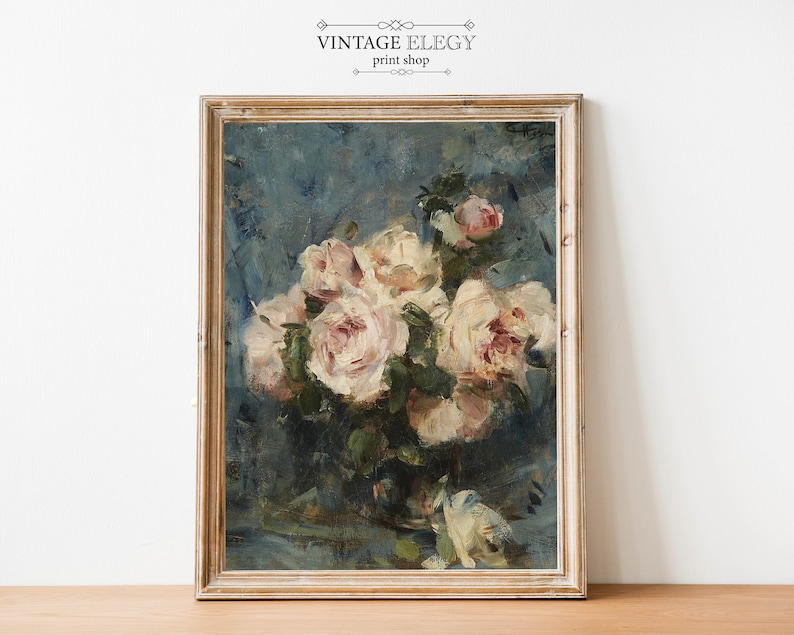 May include: A vintage oil painting of a bouquet of pink roses in a vase. The roses are arranged in a loose, natural style, and the painting has a soft, romantic feel.