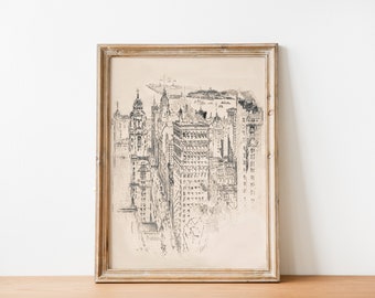 Vintage Black and White New York City Sketch Skyscraper Skyline Drawing antique architecture drawing, city sketch poster, digital print