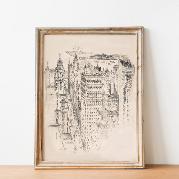 Vintage Black and White New York City Sketch Skyscraper Skyline Drawing antique architecture drawing, city sketch poster, digital print