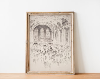 Vintage svartvit Grand Central Station New York skissteckning, antik arkitekturteckning i New York City, bågtryck, digitalt tryck