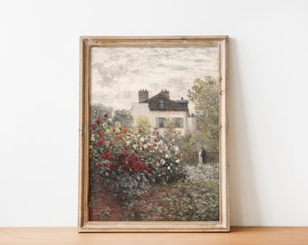 Vintage French Country Cottage Landscape Rose Flower Garden Painting | French Antique Oil Painting | English Rose Garden | DIGITAL PRINT