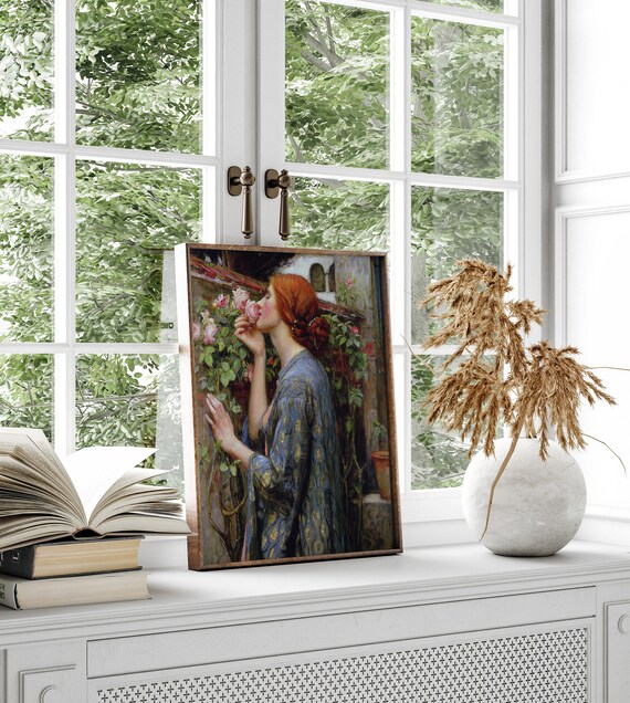 バラ園の女性のヴィンテージ肖像画｜アンティークフランス風油絵