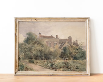 Vintage English Country Cottage Landscape Painting | Digital Print Wall Art Printable