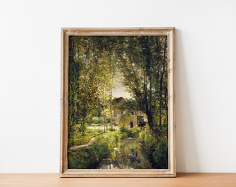Chalet dans la forêt Peinture | vintage Français Antique Country Summer Landscape Meadow Print | IMPRESSION NUMÉRIQUE