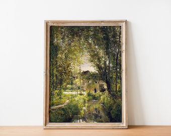 Chalet dans la forêt Peinture | vintage Français Antique Country Summer Landscape Meadow Print | IMPRESSION NUMÉRIQUE