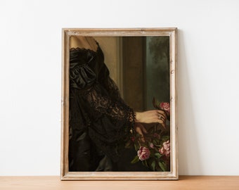 Moody Victorian Woman Altered Antique Portrait Art / Whimsical Dark Academia Roses Vintage Art / Antique Bridgerton Painting / DIGITAL PRINT