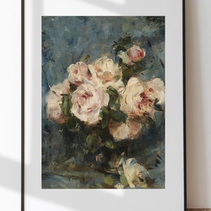 May include: A painting of a bouquet of white and pink roses in a vase. The roses are arranged in a loose, natural style, and the vase is a simple, clear glass.