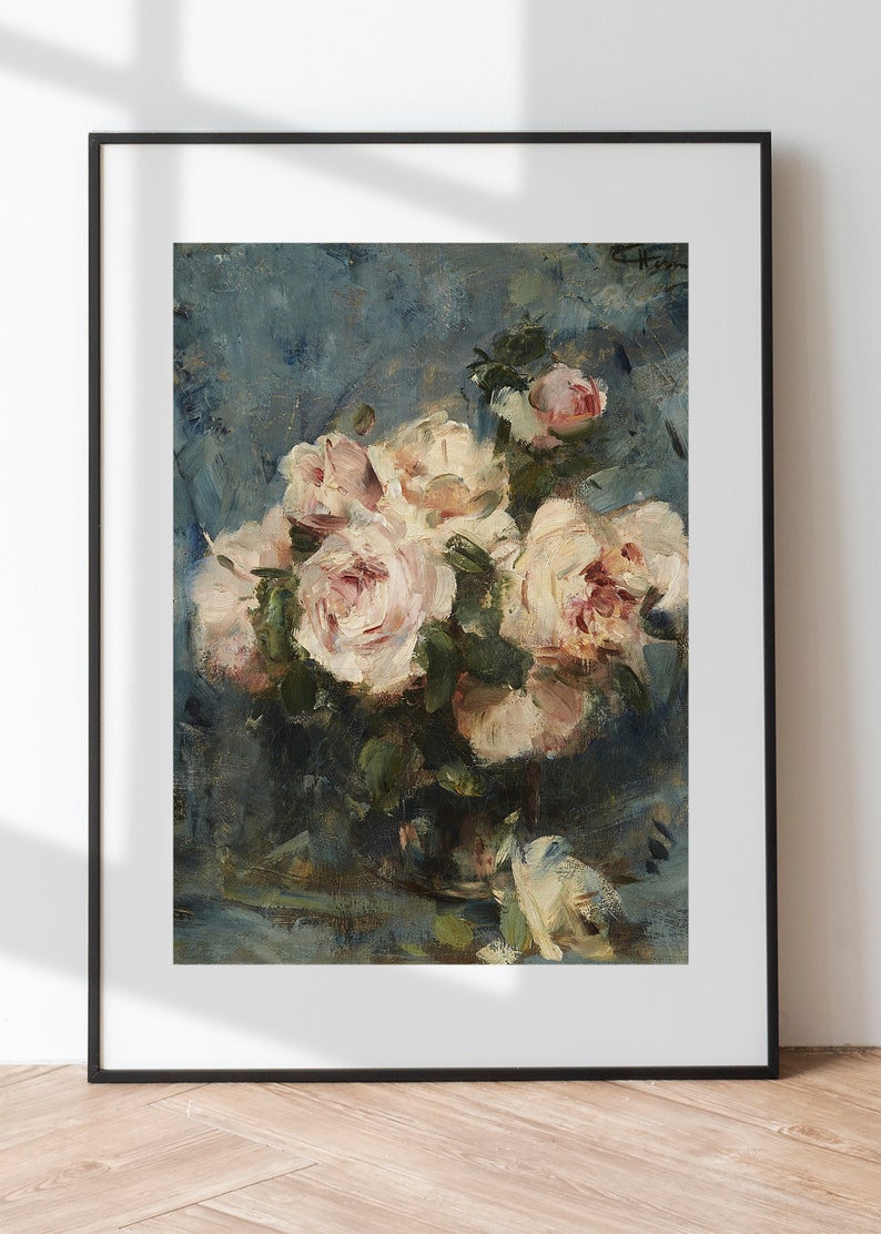 May include: A painting of a bouquet of white and pink roses in a vase. The roses are arranged in a loose, natural style, and the vase is a simple, clear glass.