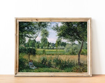 Pintura de paisaje de cabaña de campo francesa vintage / Pintura al óleo de jardín antiguo francés / Decoración de granja / IMPRESIÓN DIGITAL Arte de pared