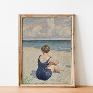 Woman by the Sea Painting | Vintage Beach Coastal Painting Ocean Print | DIGITAL PRINT Wall Art