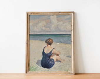 Woman by the Sea Painting | Vintage Beach Coastal Painting Ocean Print | DIGITAL PRINT Wall Art