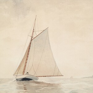 May include: A watercolor painting of a sailboat with white sails, a brown mast, and a white hull, sailing on a calm sea with a light blue sky in the background.
