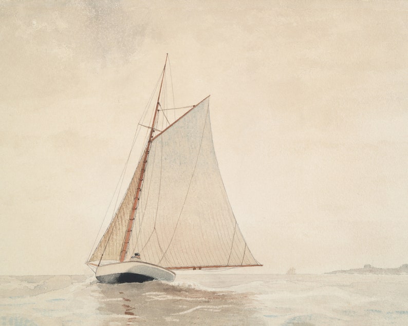 May include: A watercolor painting of a sailboat with white sails, a brown mast, and a white hull, sailing on a calm sea with a light blue sky in the background.