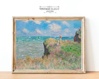 Cliff By the Sea Monet Coastal Painting | French Antique Oil Painting | Vintage Nautical Ocean Wall Art | DIGITAL PRINT Wall Art