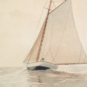 May include: A watercolor painting of a sailboat with a white sail and brown mast, sailing on a calm sea.