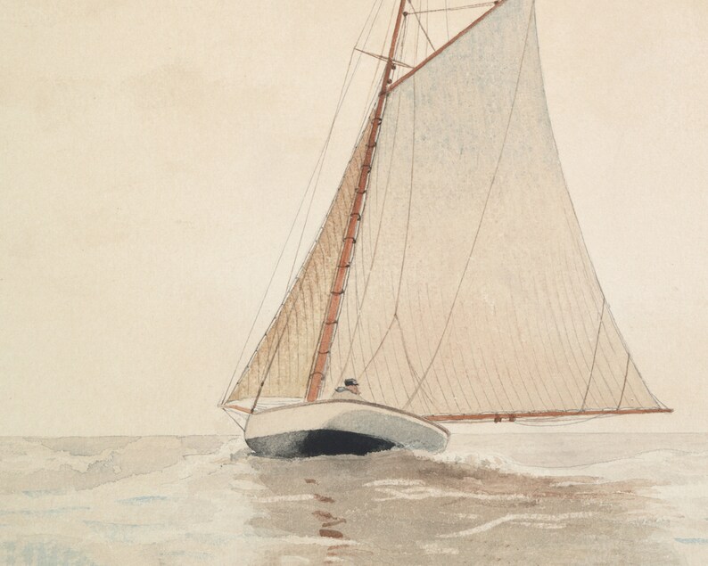 May include: A watercolor painting of a sailboat with a white sail and brown mast, sailing on a calm sea.