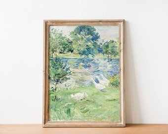 Pintura vintage de estanque de patos, arte de pared de vivero imprimible, pintura de paisaje antiguo, arte de árbol vintage, impresión de naturaleza vintage IMPRESIÓN DIGITAL
