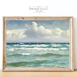 Blue Ocean Sea Nautical Coastal Painting | Vintage French Antique Oil Painting | DIGITAL PRINT Wall Art