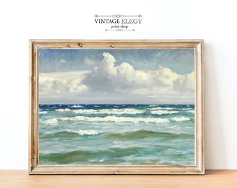 Blue Ocean Sea Nautical Coastal Painting | Vintage French Antique Oil Painting | DIGITAL PRINT Wall Art