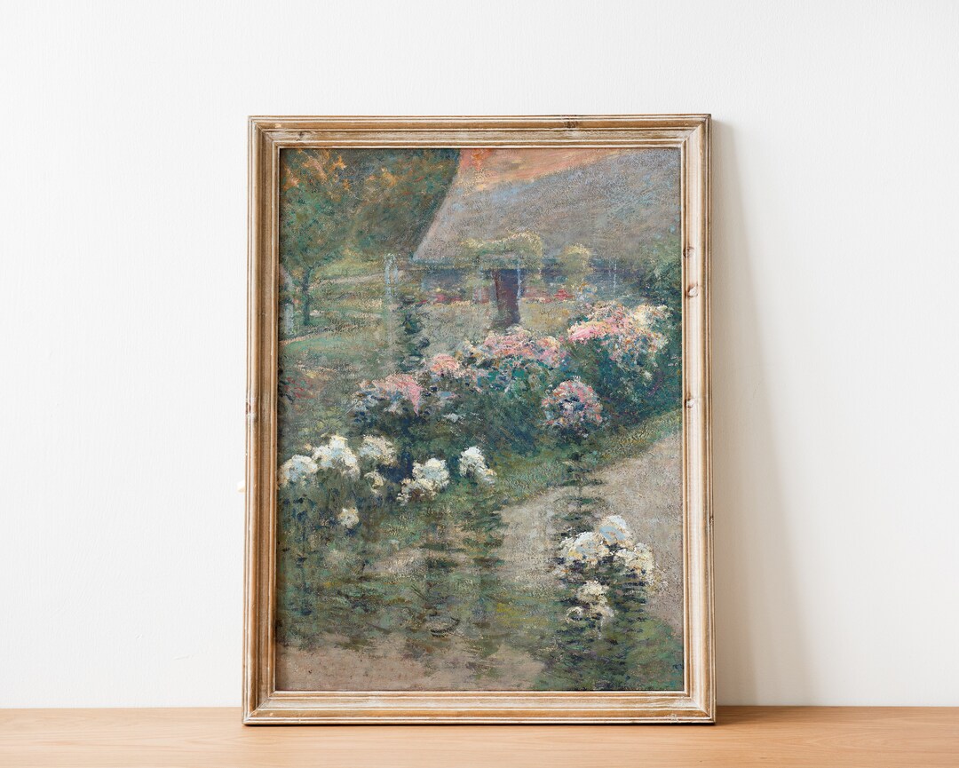 Vintage French Country Cottage Landscape Flower Garden Painting ...