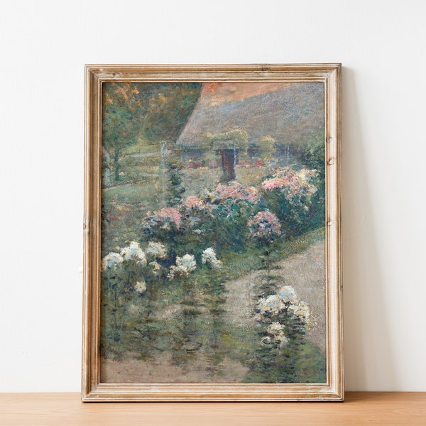 Vintage French Country Cottage Landscape Flower Garden Painting | French Antique Oil Painting | Farmhouse Painting | DIGITAL PRINT Wall Art