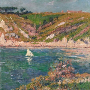May include: A painting of a sailboat on a body of water with green and blue water. The sailboat is white and has a white sail. The water is surrounded by green hills with white cliffs. The sky is blue with white clouds.