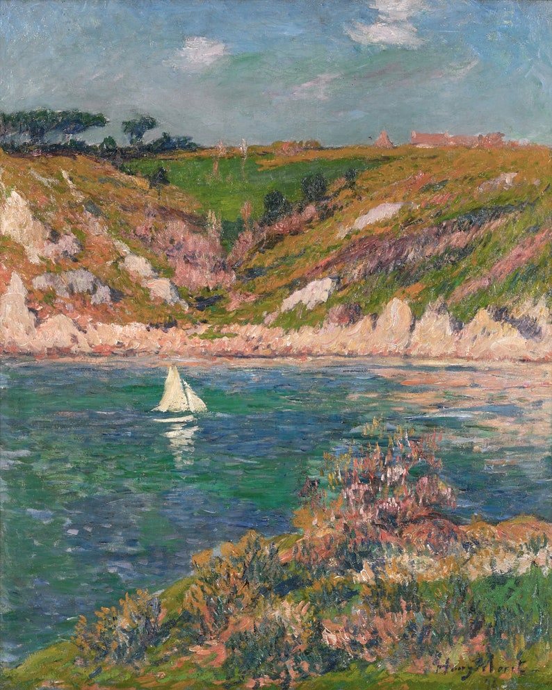 May include: A painting of a sailboat on a body of water with green and blue water. The sailboat is white and has a white sail. The water is surrounded by green hills with white cliffs. The sky is blue with white clouds.