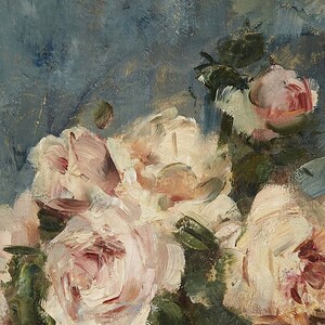 May include: A close-up of a still life painting featuring a bouquet of pink and white roses with green leaves against a blue background. The roses are painted with loose brushstrokes, creating a textured and impressionistic effect.