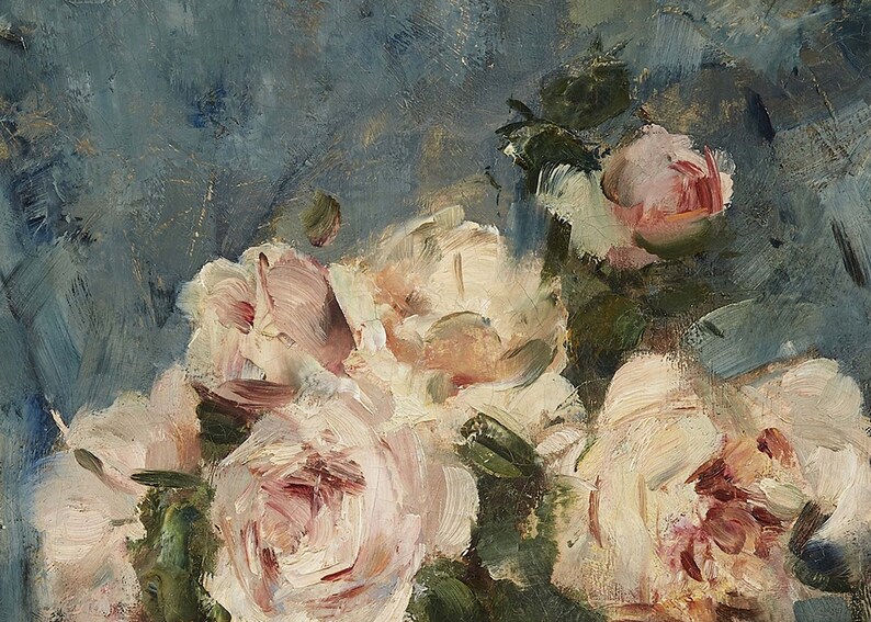 May include: A close-up of a still life painting featuring a bouquet of pink and white roses with green leaves against a blue background. The roses are painted with loose brushstrokes, creating a textured and impressionistic effect.