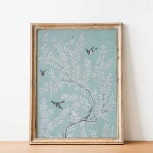 Blue Chinoiserie Art Print / Vintage Flower Botanical Painting / Chinese Art / Bird Art / Nursery Wall Decor / Asian Art DIGITAL PRINT