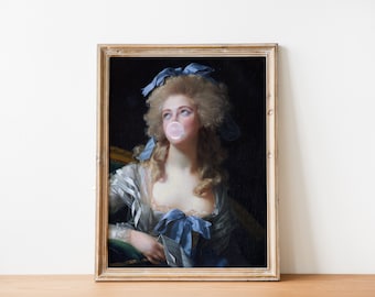 Ritratto antico alterato di donna vittoriana con gomma da masticare / Arte vintage stravagante / Dipinto antico di donna di Bridgerton / Arte murale con stampa digitale