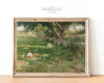 Vintage Country Cottage Landscape Painting | Antique Spring Landscape Painting | Farmhouse Decor | DIGITAL PRINT Wall Art