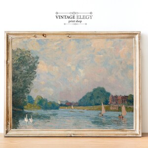French Victorian Waterfront Painting | French Antique Art | Vintage Landscape Wall Art | DIGITAL PRINT Wall Art