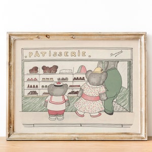 Babar the Elephant Patisserie Vintage French Cottage Nursery Book Art Print | Wystrój pokoju dziecięcego | CYFROWY WYDRUK Sztuka ścienna