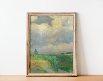 Farmhouse Cloud Print | Vintage Landscape Country Painting | Printable Art | Wall Art