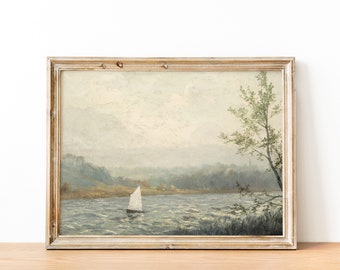 Ocean Coastal Print | Vintage Sailboat Painting | Landscape Painting | DIGITAL PRINT Wall Art