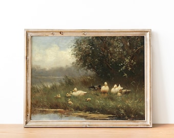 Happy Little Ducks Painting, Printable Mother Goose Garden Nursery Wall Art, Antique Landscape Painting, Vintage Nature Print DIGITAL PRINT