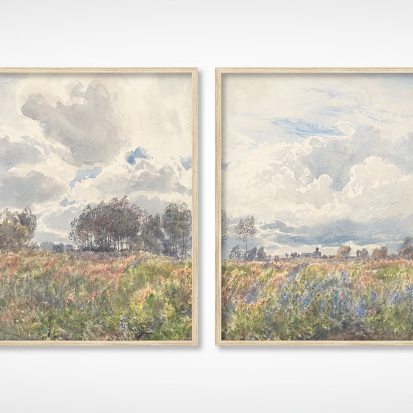 Vintage French Country Cottage Garden Meadow Cloud Landscape Vertical Painting Print Set of 2 | Farmhouse Decor | DIGITAL PRINT