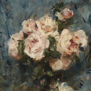 May include: A painting of a bouquet of pale pink roses in a vase. The roses are arranged in a loose, natural style, and the background is a soft blue.