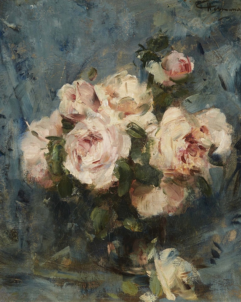 May include: A painting of a bouquet of pale pink roses in a vase. The roses are arranged in a loose, natural style, and the background is a soft blue.