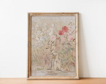 Antique country cottage flower painting, spring garden landscape art, muted flower wall art, girls room nursery vintage art, DIGITAL PRINT