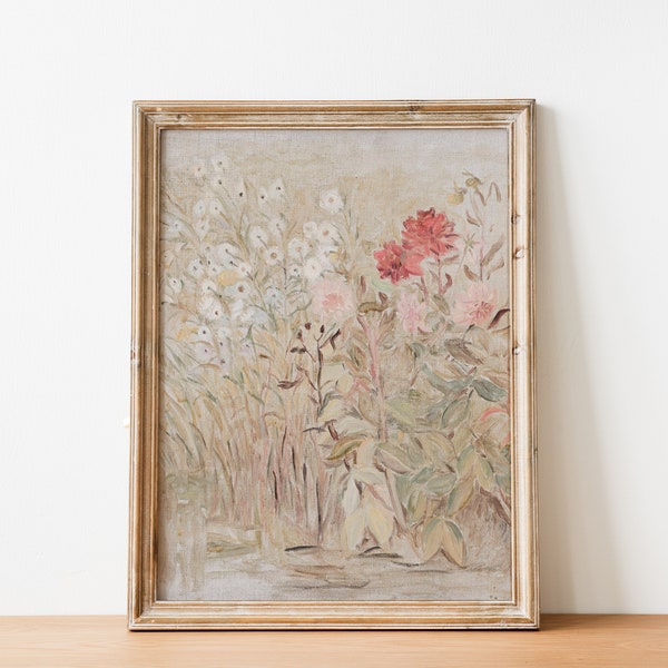 Antique country cottage flower painting, spring garden landscape art, muted flower wall art, girls room nursery vintage art, DIGITAL PRINT