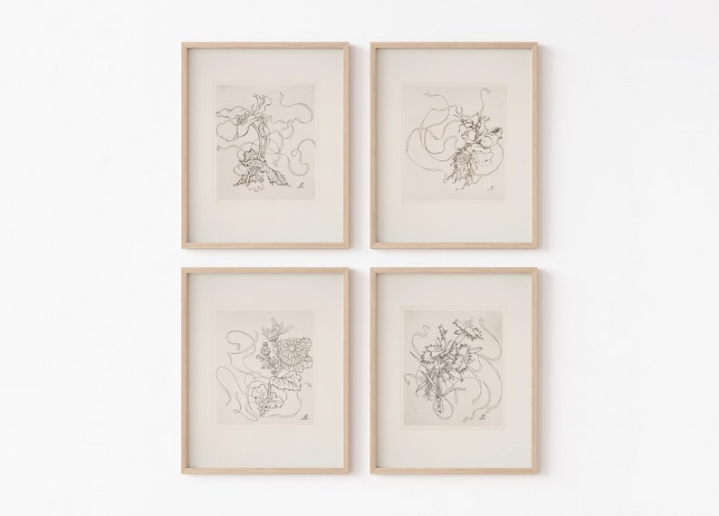 May include: Set of four black and white line drawings of flowers in simple frames. Each drawing features a different floral arrangement with delicate lines and swirls.