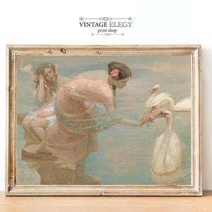 Antique Swan Lake Painting | Vintage Victorian Woman Painting | Swan Art | Printable Art | DIGITAL PRINT Wall Art